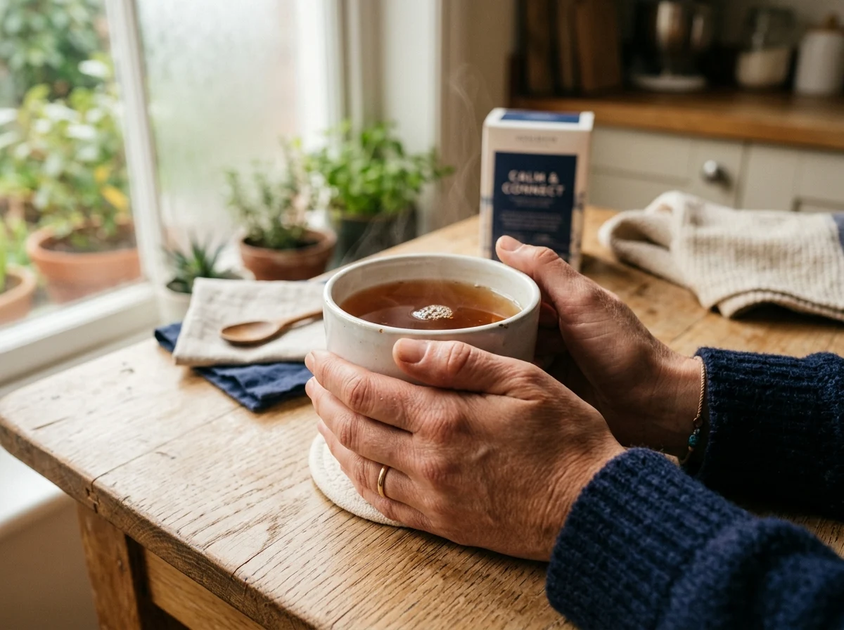 Händer runt en kopp te - lugn morgenrutin för välmående
