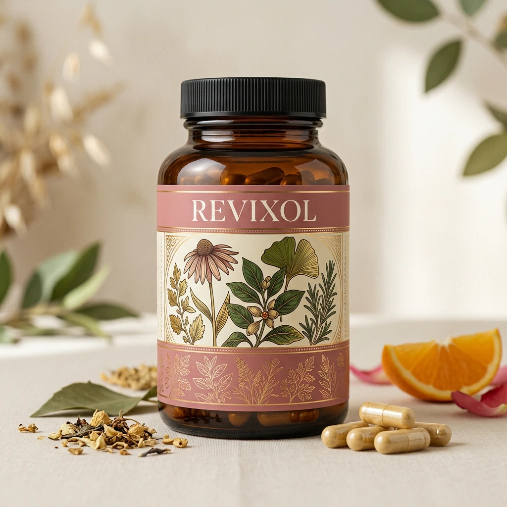 Revixol kosttillskott - bärnstensfärgad burk med orange-vit etikett, 30 kapslar